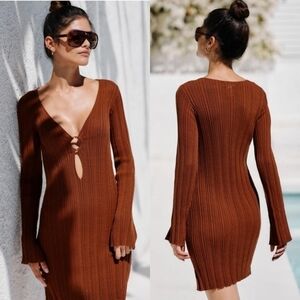 New L*Space Wailea V-Neck Linen Blend Coffee Swim Cover Up/Dress NWT Size XS